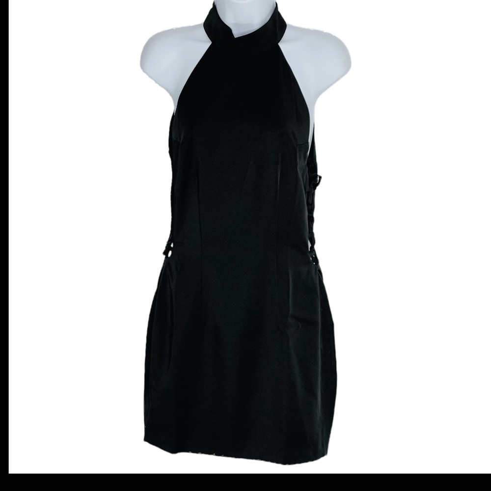Capulet Cutout Lace Up Sides High Neck Dress Womens S Solid Black Bodycon Party